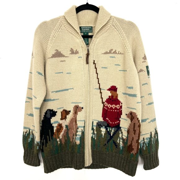 Hand Knit Lauren Ralph Lauren Landscape Novelty Wool Sweater Vintage Dog Small - Picture 1 of 8